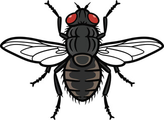 Vector illustration of a realistic house fly with red eyes and white wings on black background insect icon pest control entomology