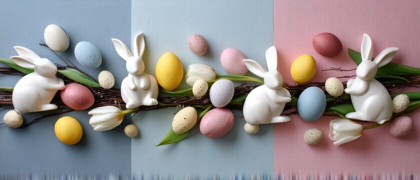 Easter celebration flat lay with white bunnies, colorful eggs, and tulips on a pastel background designed for festive greetings