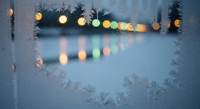Frosted window with colorful bokeh lights in winter evening - Powered by Adobe