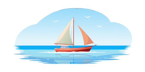 Fototapeta premium Red sailboat on blue water with white sails and birds