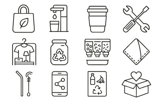 Bag icon icons reduction straw waste box reusable tools cloth vector cup