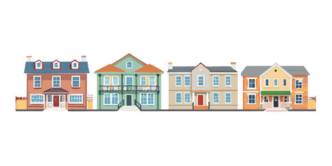 Row of colorful cartoon houses with transparent background