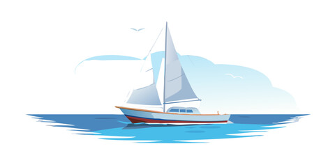 Sailboat on blue water with white sails and birds sailing