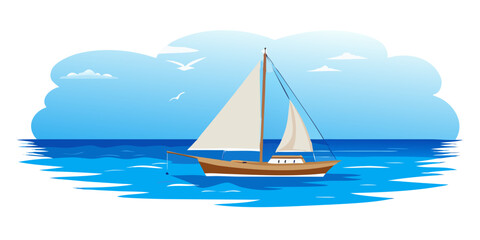 Sailboat sailing on blue ocean with white sails and birds