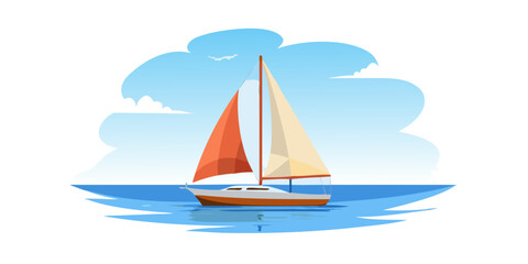 Sailboat with orange and white sails on blue water