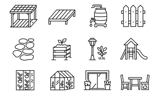 Vector furniture icons fence barrel icon wooden garden eco solar outdoor vertical