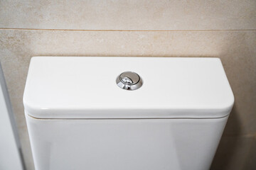 Chrome dual flush button on modern white toilet tank in clean bathroom interior