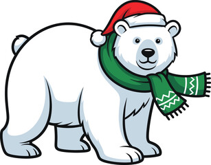 Cute polar bear wearing santa hat and green scarf christmas vector illustration
