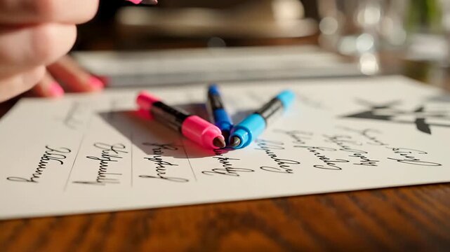 Close-up of hand using pink marker to write on a document with other markers present