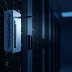 Wireless router with antenna and indicator lights mounted in a server rack for data center network infrastructure and connectivity.