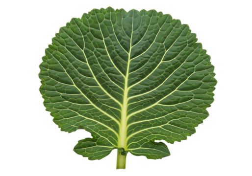 Closeup view of a single, deeply textured, round green leaf with prominent light green veins, isolated on transparent background
