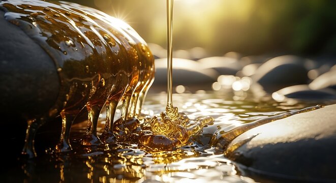 Close up of golden liquid pouring onto smooth rocks in natural environment