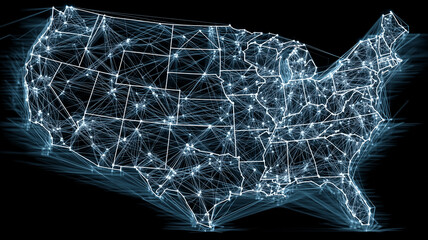 A digital representation of geographic connectivity across the United States illustrating nationwide communication and data link systems for technological concepts.
