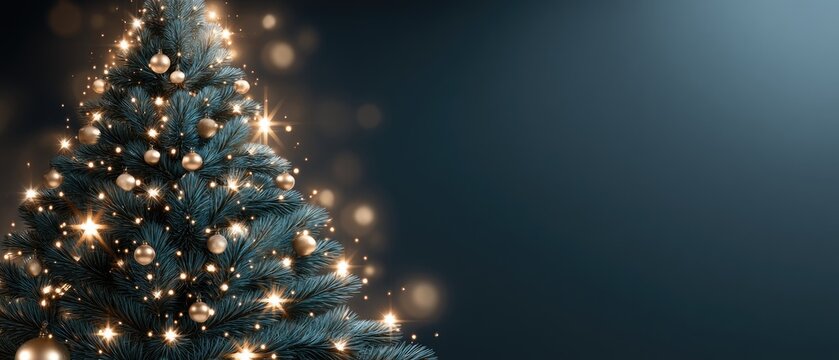 Sparkling lights and golden stars create a festive abstract christmas tree design for winter holiday cards and decorations