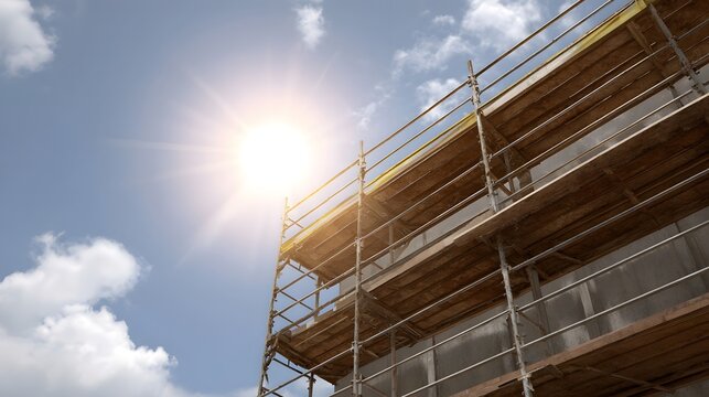 A construction site scaffolding stands tall against a bright sun and blue sky with clouds