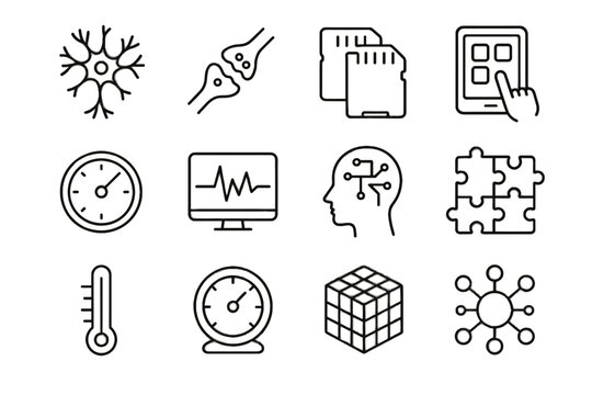 Neurotraining tablet icon meter map set reaction cognitive vector cube neuron synapse