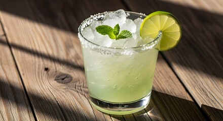 Margarita cocktail on a rustic wooden table, garnished with a lime wedge and mint sprig, captured with high resolution macro lens to emphasize texture