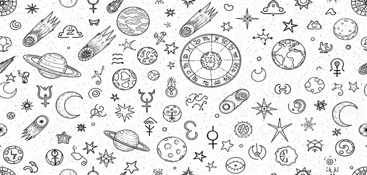 Seamless cosmic background featuring hand-drawn astrology icons, planets, stars, and zodiac symbols in a repeating pattern