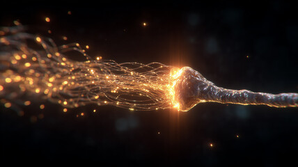 A synaptic transmission concept highlighting energy flow, neural communication, and the dynamic exchange of biological signals.
