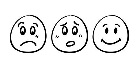 Three cartoon faces happy sad surprised on white emoji