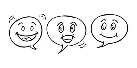 Three Hand Drawn Emoticon Faces with Speech Bubbles