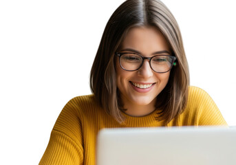 Young woman smiling while using laptop isolated on transparent background