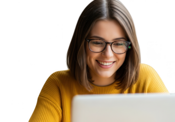 Young woman smiling while using laptop isolated on transparent background