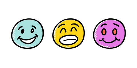 Three hand drawn smiley faces with different emotions 1