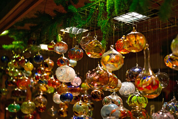 Colorful glass Christmas ornaments and decorations, holiday season