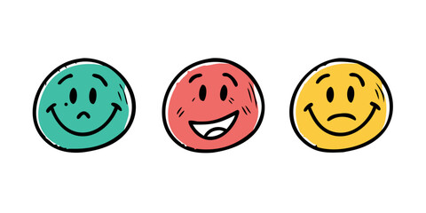 Three hand drawn smiley faces with different emotions