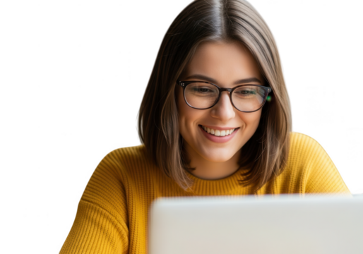 Young woman smiling while using laptop isolated on transparent background