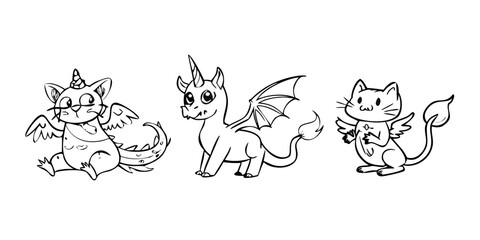 Three whimsical fantasy creatures with wings and horns