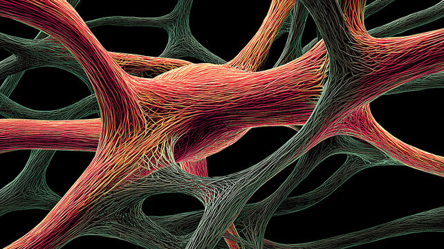 An intricate network of abstract interconnected strands forming a complex structure that symbolizes advanced connectivity and the flow of sophisticated biological or technological information.
