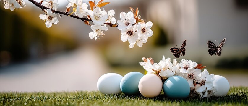 Bright easter banner featuring a cute bunny, colorful eggs, cherry blossoms, sunlight, and butterflies on green grass for a spring holiday celebration