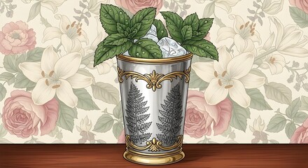 Elegant Victorian inspired illustration of a mint julep glass with detailed fern motifs, gold accents, and lush mint leaves, set on a vintage floral background for a luxurious, historical aesthetic.
