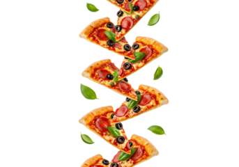 Slices of pepperoni pizza with basil and olive topping falling in a vertical line isolated on transparent background