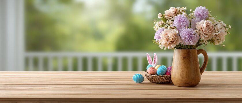 Colorful easter eggs and bunny ears on a wooden table with flowers in a garden perfect for spring promotions and online store advertising