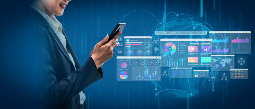 Colorful data dashboards with graphs, charts, and marketing metrics representing online campaign performance and business intelligence Parse