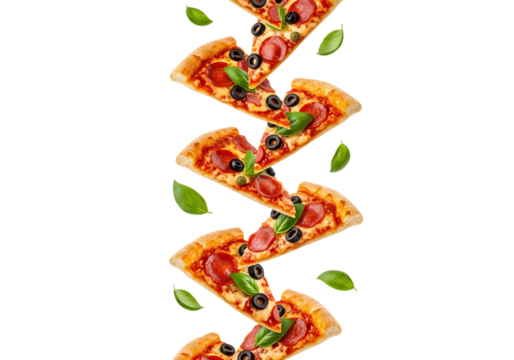 Slices of pepperoni pizza with basil and olive topping falling in a vertical line isolated on transparent background