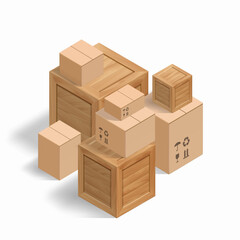 Pile of cardboard and wooden boxes. Isometric projection. Stack isolated on white background. Vector illustration.