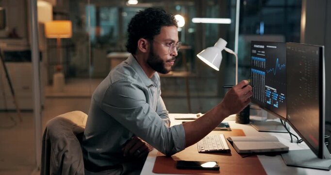 Man, computer screen and typing with trading, graphs and stock market stats with notes at night. Person, trader and pc monitor for charts, fintech or insight with review for investment at dark office