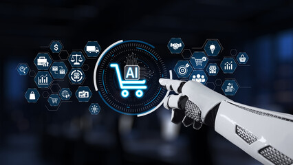 A futuristic robotic hand points to a digital shopping cart, representing the integration of AI technology in e-commerce. The modern business landscape showcases innovation and interaction. Synapse