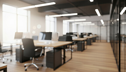 Modern workspace features rows of desks, sleek chairs, and glowing ceiling lights reflected across glass dividers, presenting a tidy and bright environment softened by a gentle blur.
