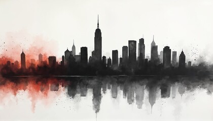Illustration of NYC skyline in minimalist style with reflection. Art depicts dark silhouettes of skyscrapers. Artistic representation of an urban landscape with orange-red accents.
