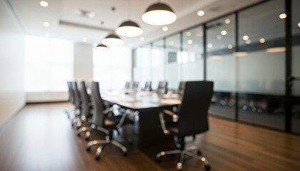 Minimalist design shapes the meeting space as soft natural light blends with warm ceiling lamps, highlighting the large table and neatly arranged executive chairs.