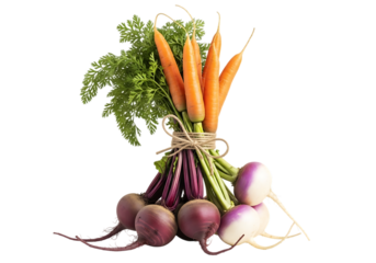 A fresh bunch of vibrant orange carrots with green tops tied together with root vegetables like beets and turnips isolated on transparent background