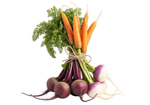 A fresh bunch of vibrant orange carrots with green tops tied together with root vegetables like beets and turnips isolated on transparent background
