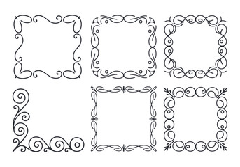 Elegant decorative frames and corner borders, hand-drawn set.
