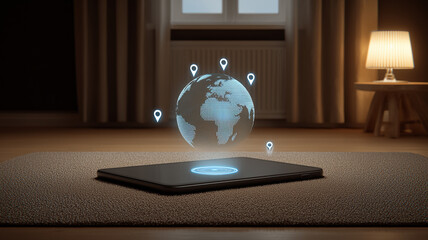 A digital globe projection emerging from a device to illustrate global navigation systems and the conceptual visualization of worldwide geographic connectivity.
