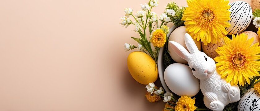 Celebrate spring with a pastel pink easter banner featuring ceramic bunnies, colorful eggs, and vibrant flowers in a minimalist design